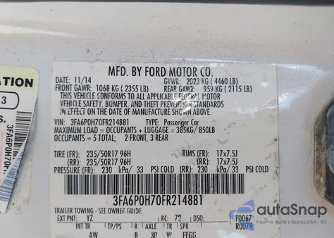 2015 Ford Fusion Se из США, поврежденный, VIN 3FA6P0H70FR214881